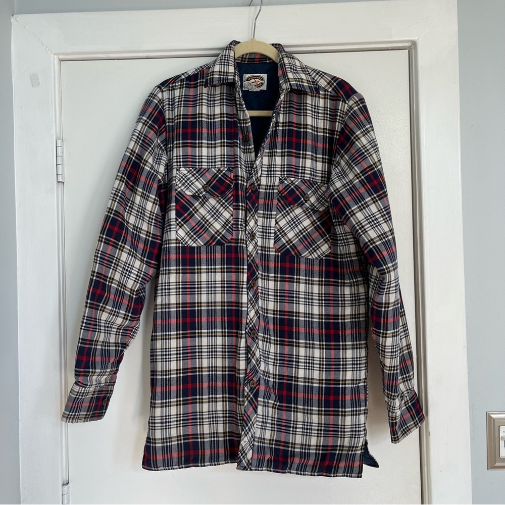 Vintage Midwest Traders plaid flannel jacket work coat red white blue collar